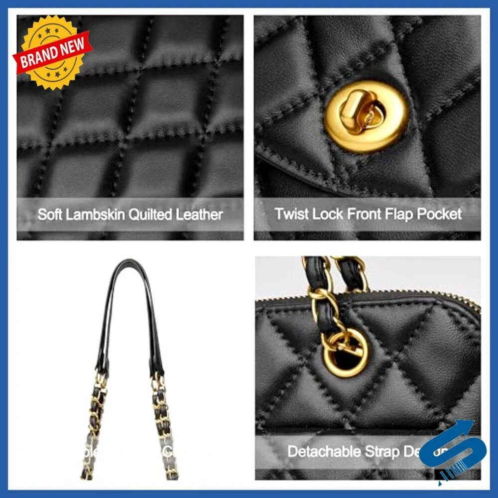 Quilted Leather Satchel Shoulder Bag with Detachable Chain Strap